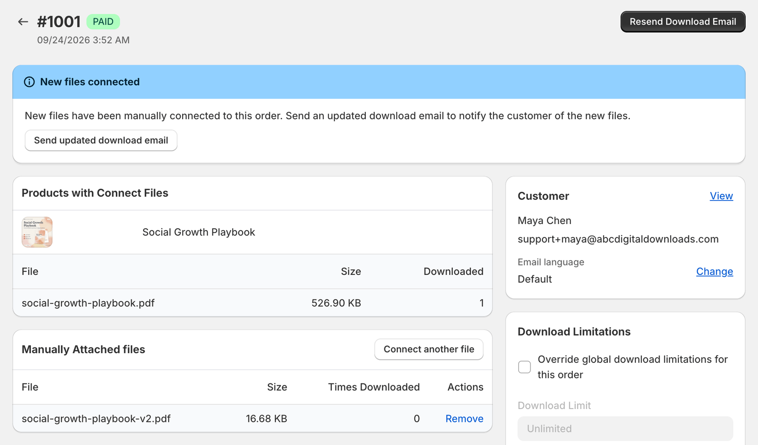 Order in ABC with the New files connected banner and its Send updated download email button, above the Manually Attached files card