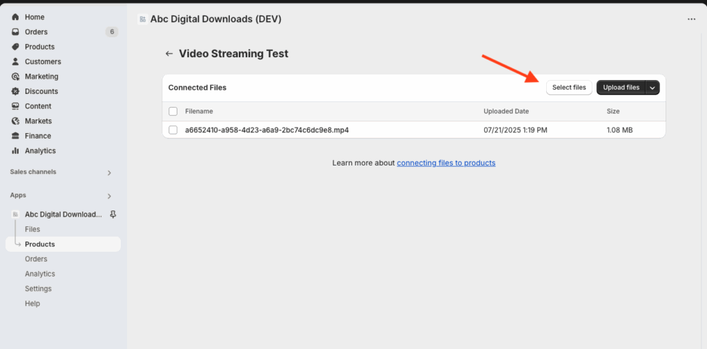 Products tab on the file details page used to link the streaming file to a product via Select files