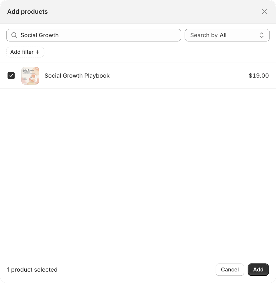 Shopify's Add products picker searched for Social Growth, with the Social Growth Playbook ticked