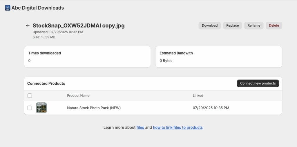 Connected Products list on the file details page, with a Remove option next to each linked product