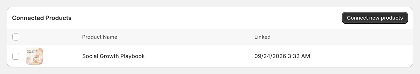 Connected Products on a file page in ABC, listing the Social Growth Playbook product and the date it was linked