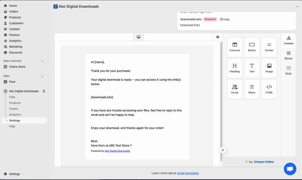 Email customization settings for branding the customer download email with logo and wording