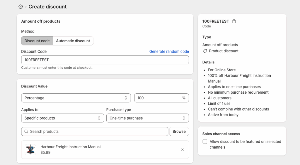 Shopify discount setup creating a 100% off code applied to a specific digital product for testing