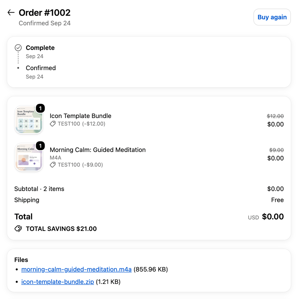 Order status page for a test order, with the ABC Files block listing an M4A audio file and a ZIP file