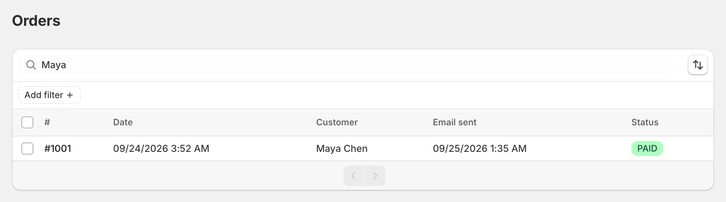 Orders search in ABC finding an order by the customer's name