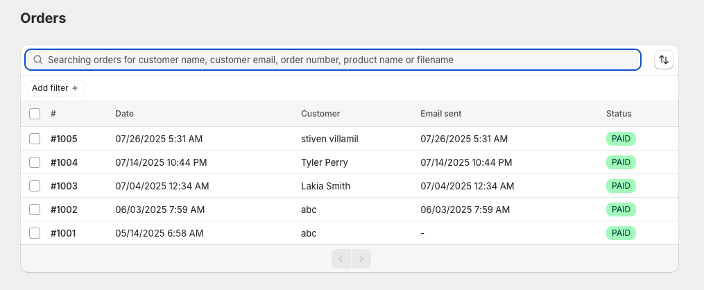 Orders tab search bar in ABC Digital Downloads for finding orders by customer, order number, or filename