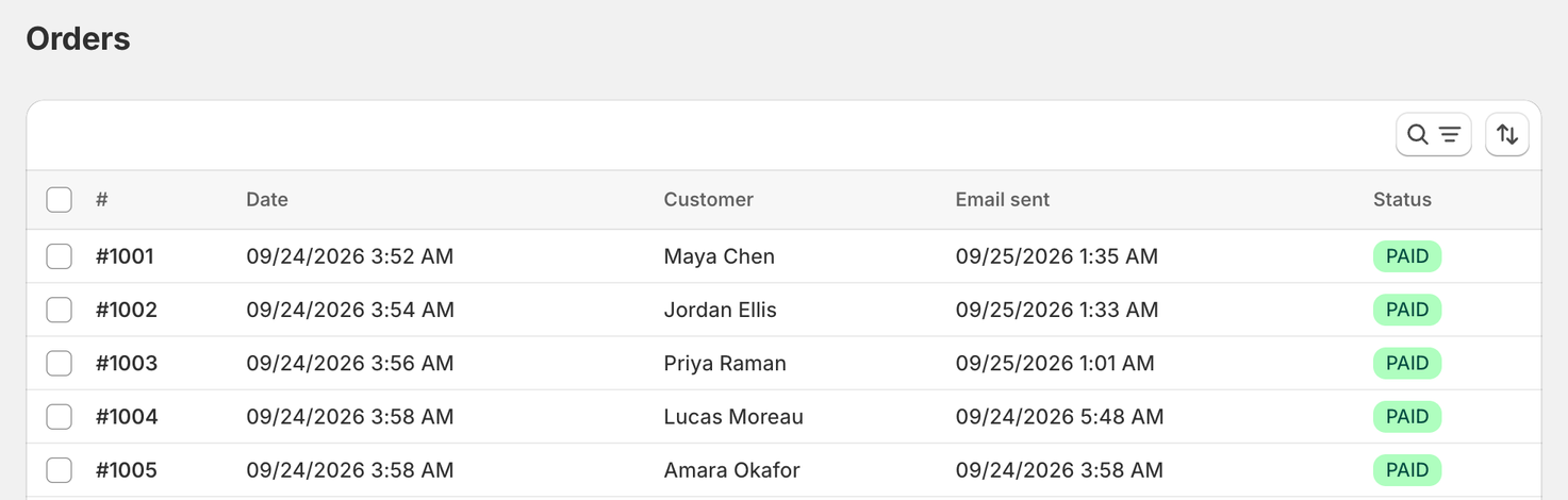 Orders list in ABC showing each order's number, date, customer, email sent date and payment status