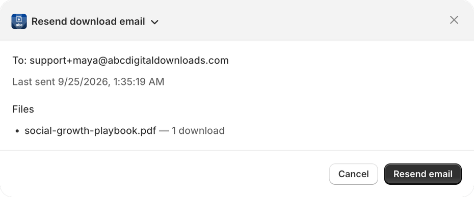 Resend download email dialog in the Shopify admin, showing the recipient, when the email was last sent and the order's files