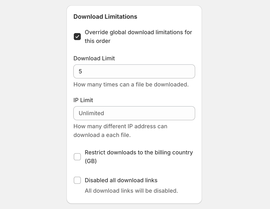 Download Limitations card on an order in ABC with the override ticked and the Download Limit, IP Limit and billing-country options
