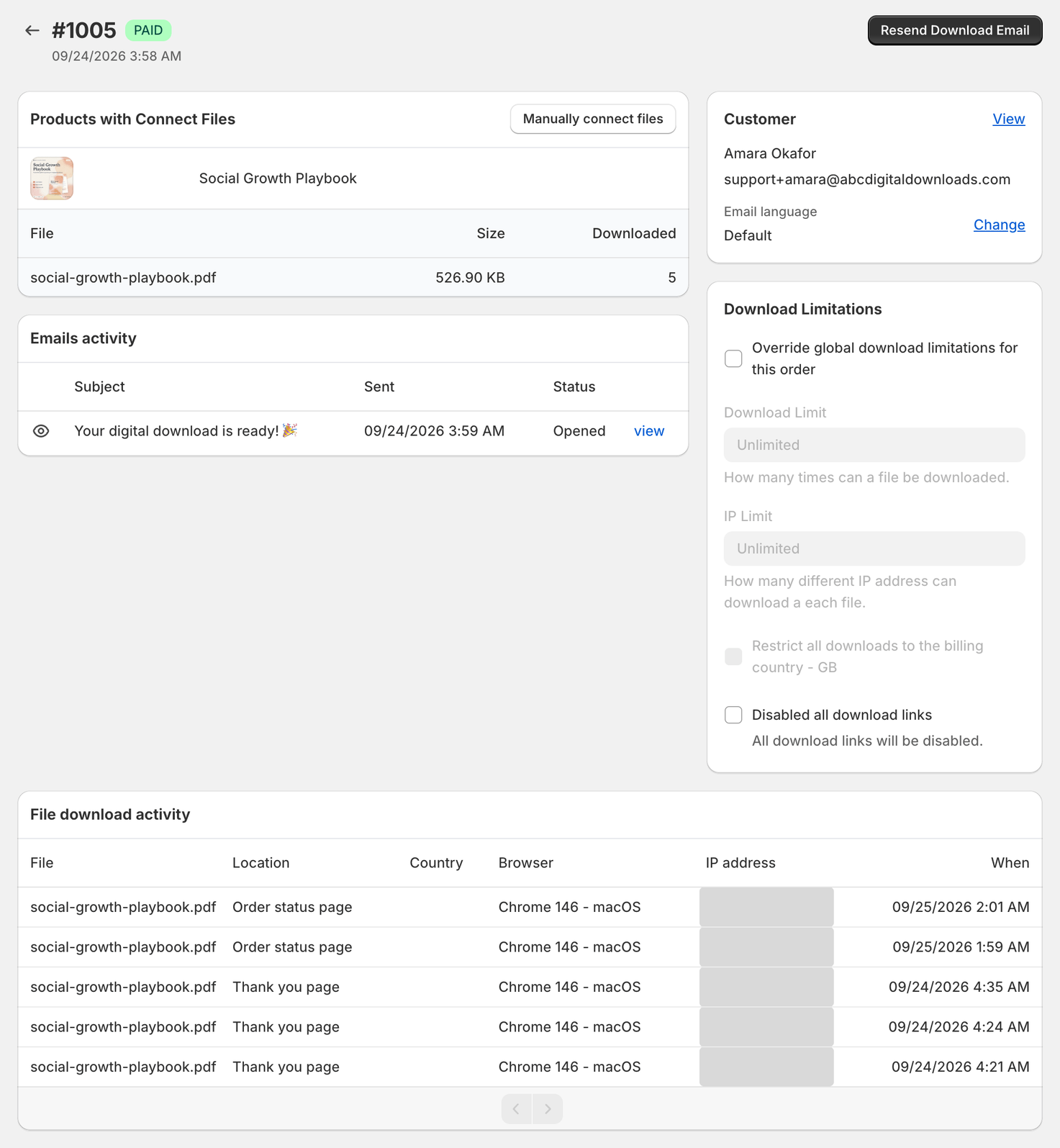 Order page in ABC showing a file's Downloaded count, the Email activity list and the File download activity log