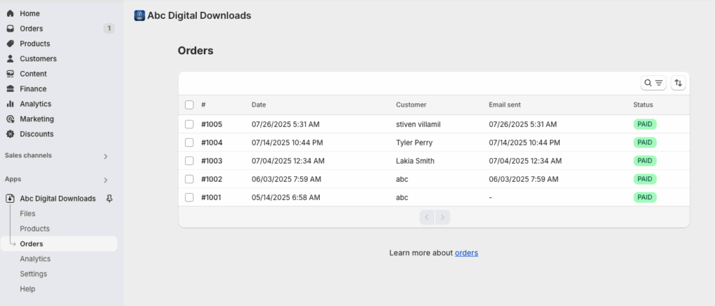 Orders list in ABC Digital Downloads showing order number, date, customer, email sent, and payment status