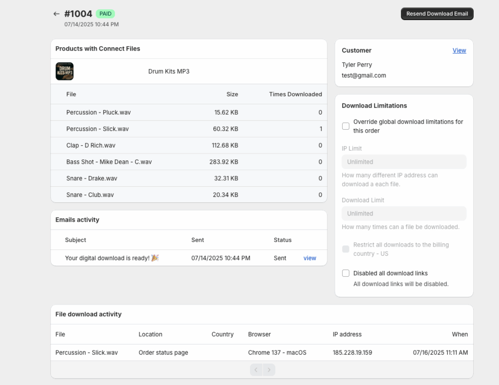 Order details page with connected products and files, download counts, and email activity