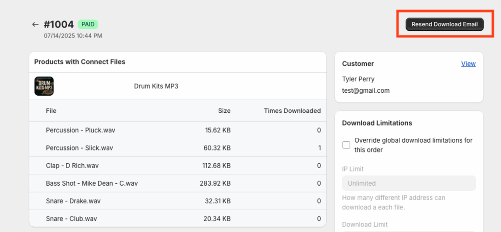 Order details page with the Resend Download Email button to send a fresh download link to the customer