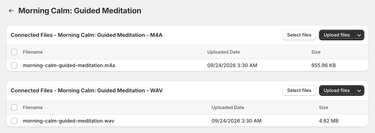 Morning Calm: Guided Meditation in ABC, with a Connected Files card for each variant: the M4A file on one and the WAV file on the other