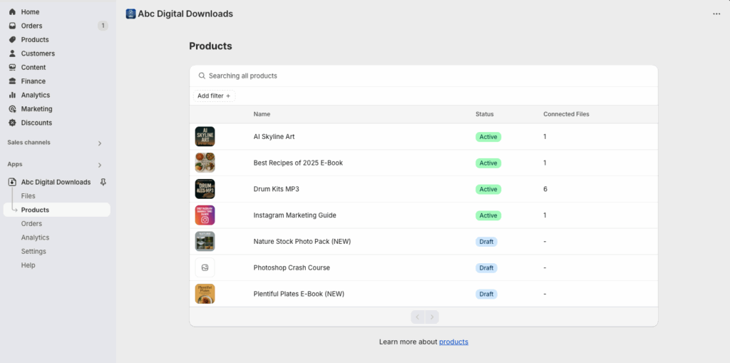 Products tab in ABC Digital Downloads listing store products with status and connected files