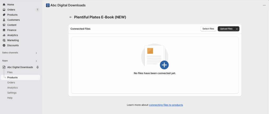 A product's Connected Files page in ABC Digital Downloads, ready to attach files