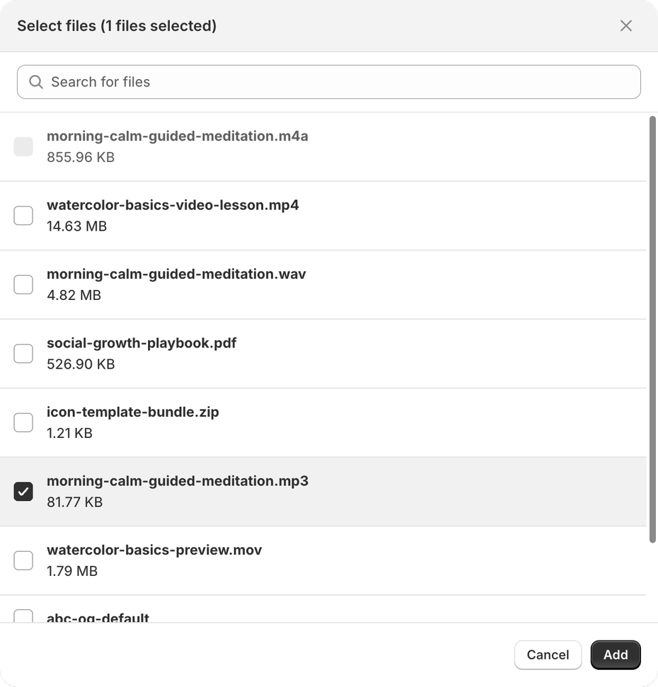 Select files picker in ABC with an MP3 file ticked and the M4A file grayed out