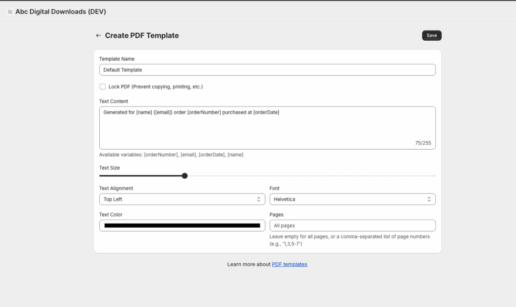 PDF template editor with dynamic text variables, font and color controls, page selection, and PDF locking