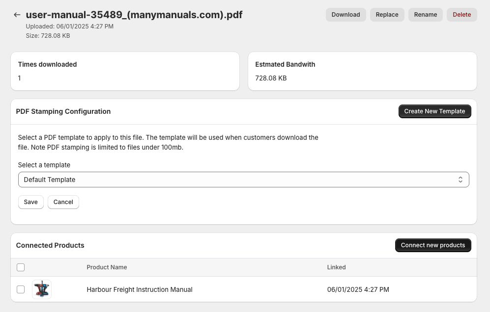Select Template control on the file view to link a stamping template used at customer download