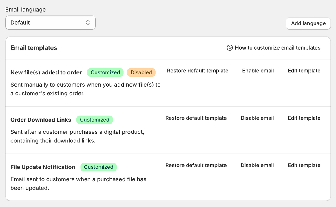 Email templates in ABC Settings with one email marked Disabled and an Enable email button
