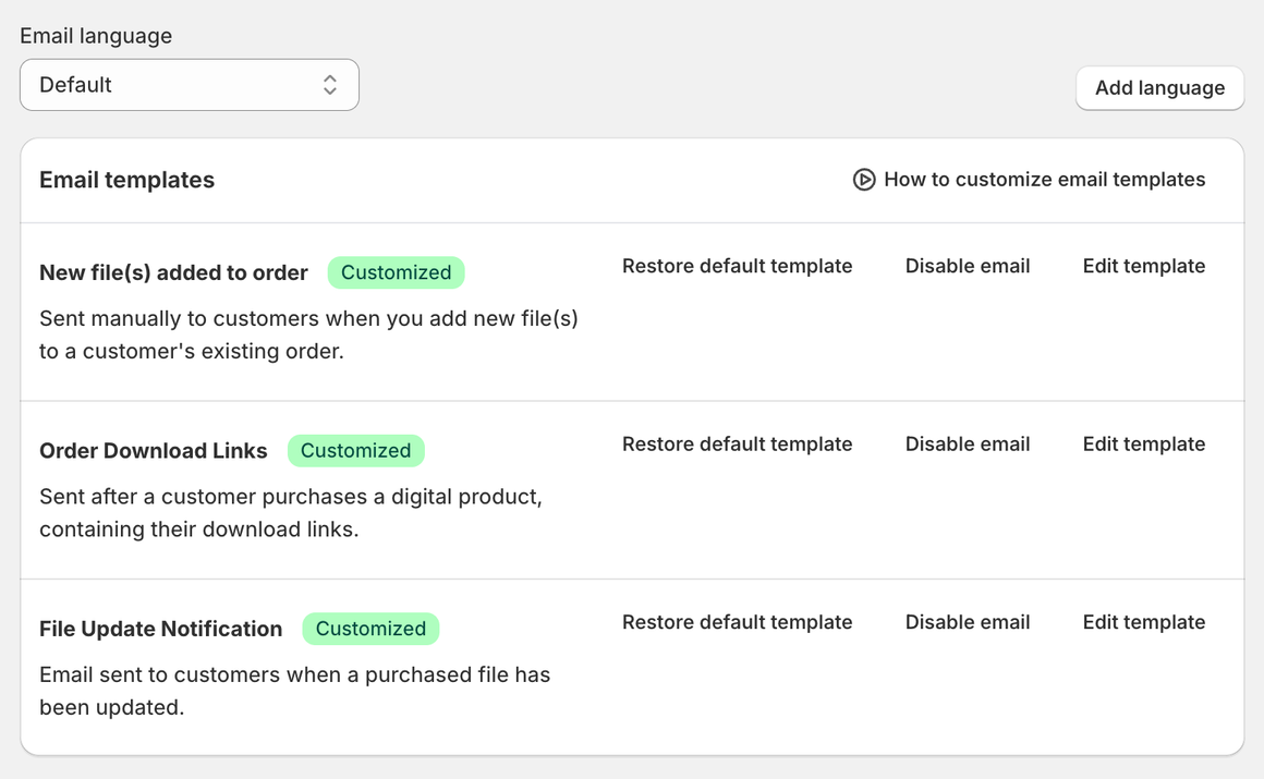 Email templates section of ABC Settings listing the Order Download Links, New file(s) added to order and File Update Notification emails