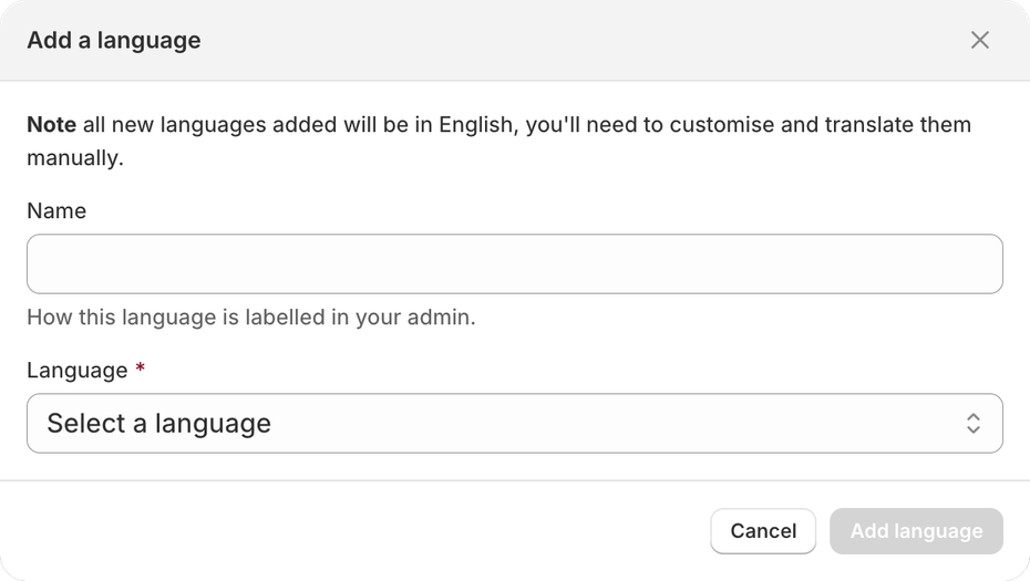Add a language dialog in ABC Settings with the Name and Language fields