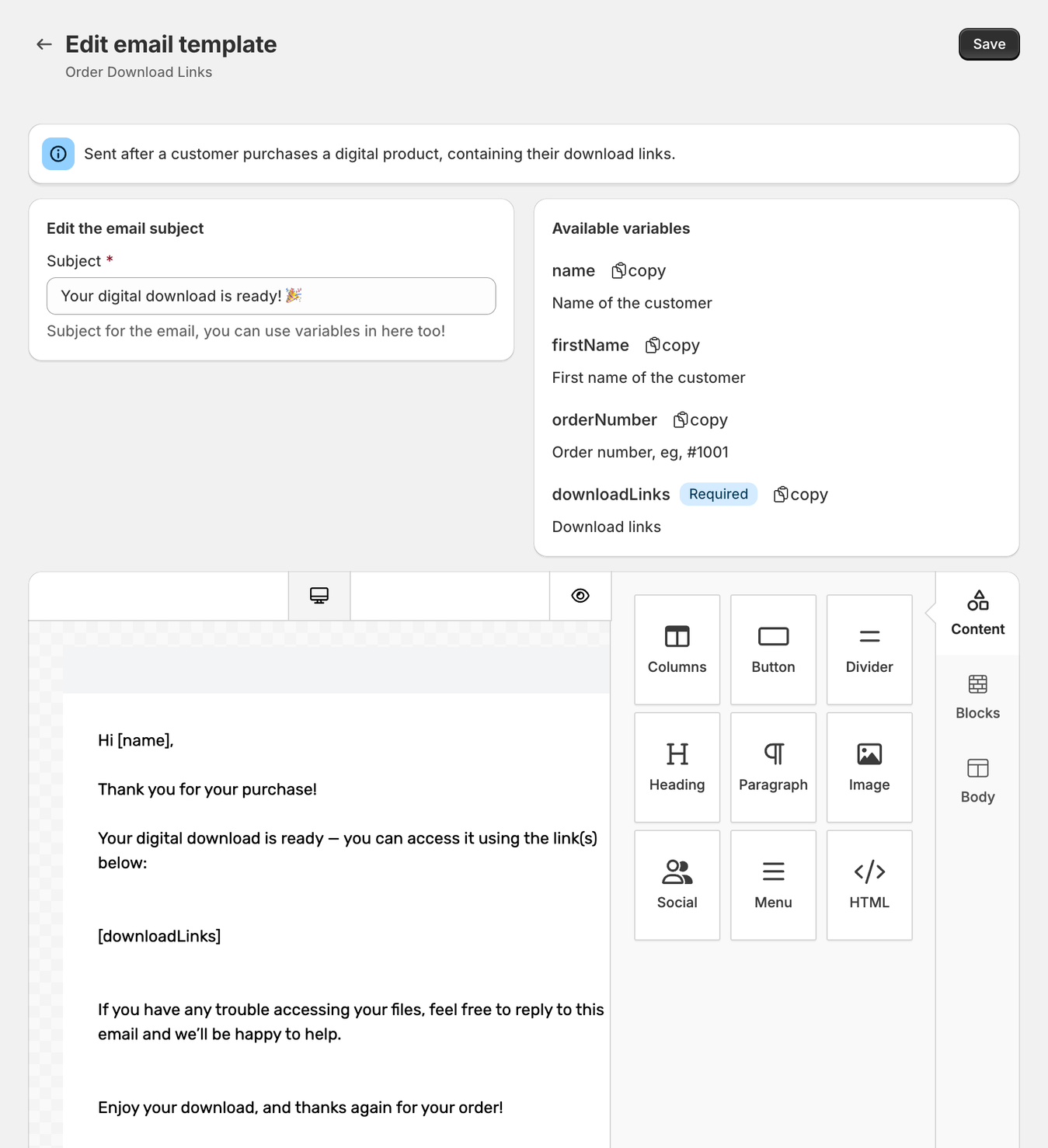 Email template editor in ABC with the subject field, the list of available variables and the drag-and-drop email designer