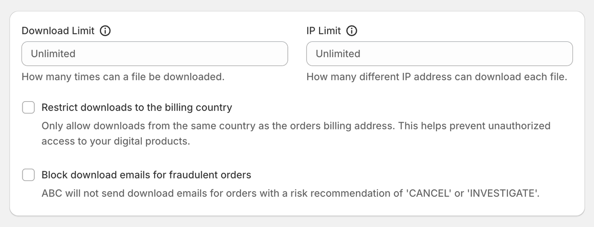 Downloads section of ABC Settings with the Download Limit and IP Limit fields and the billing-country and fraud options