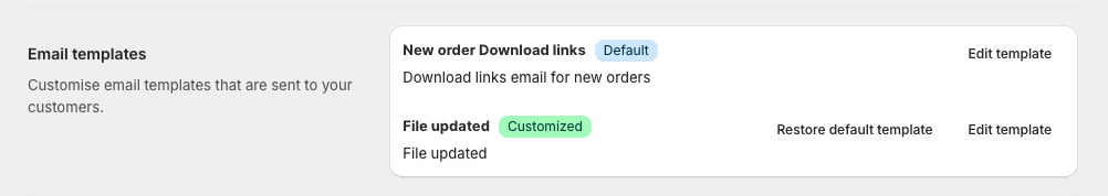 Email Templates settings for customizing new-order and updated-file emails, with restore-default option